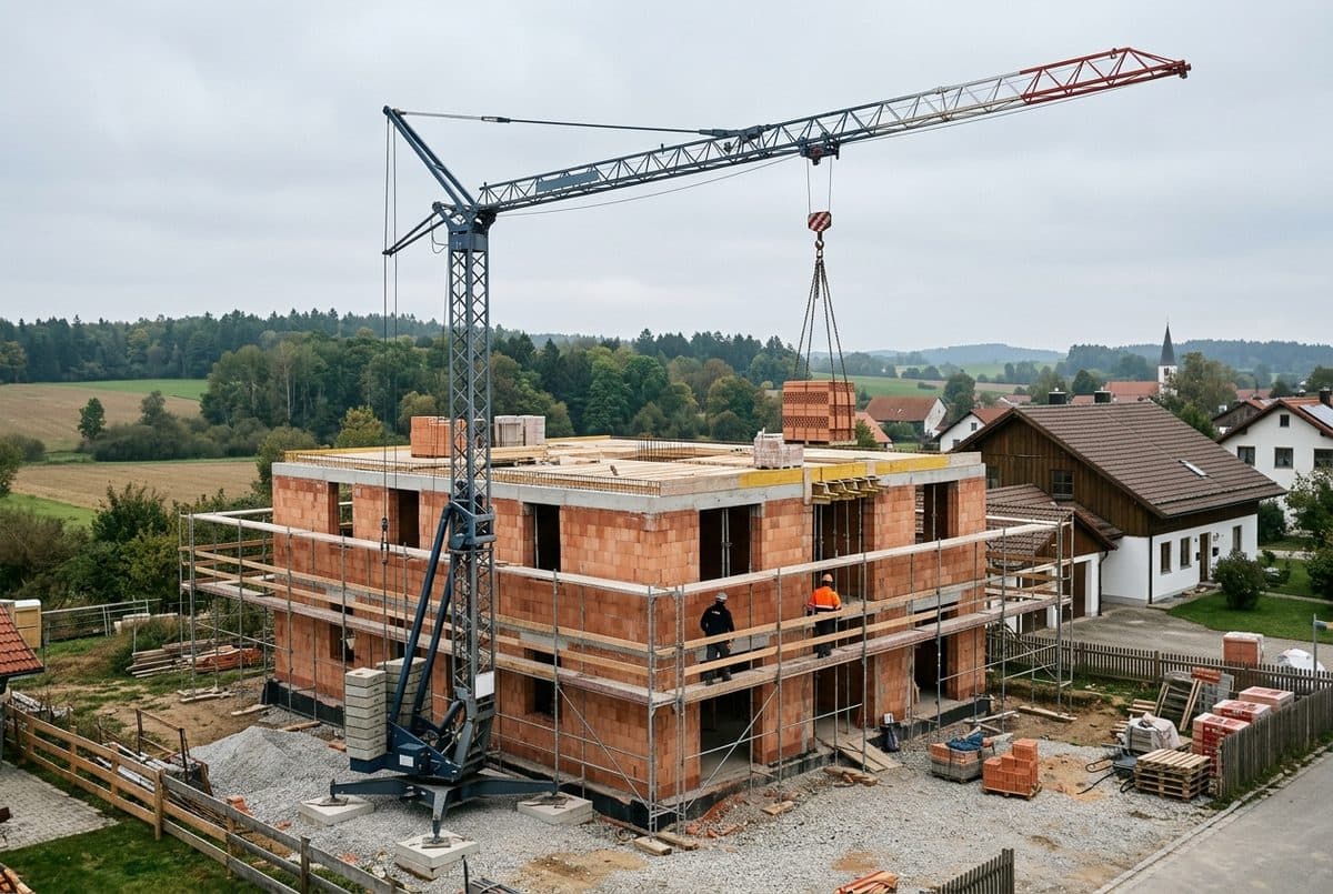 Kompakter Schnellbaukran (Untendreher) auf Abstützplatten hebt eine Palette Ziegel über den Rohbau eines Einfamilienhauses mit Gerüst, Dorfrand in Deutschland