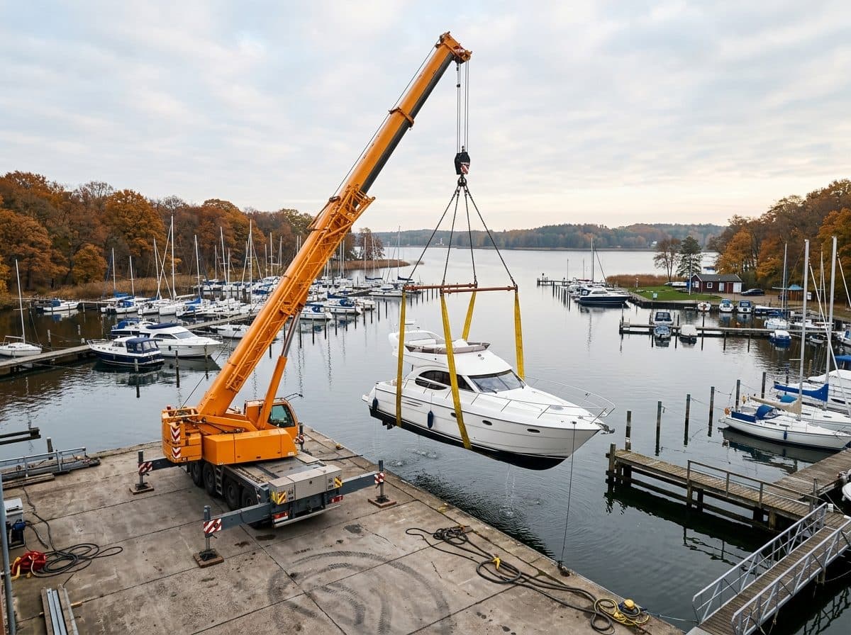 Mobilkran am Kai einer Marina hebt eine weiße Motoryacht an breiten Hebegurten aus dem Wasser