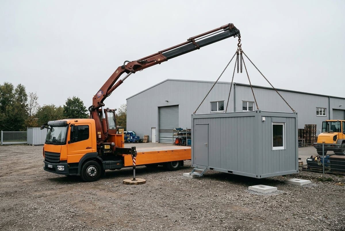 LKW mit Ladekran setzt einen grauen Bürocontainer am Kettengehänge auf Punktfundamente