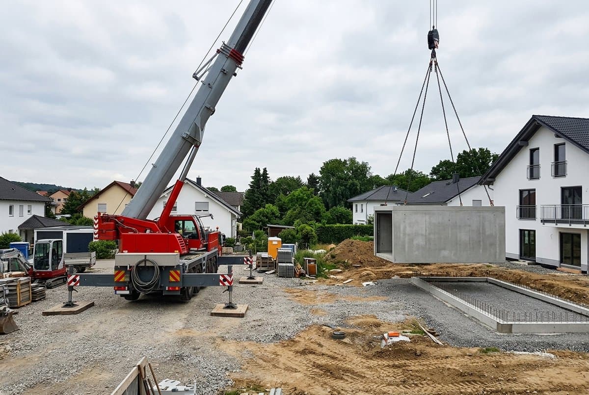 Mobilkran hebt eine Betonfertiggarage an Ketten über ein Grundstück auf das vorbereitete Fundament