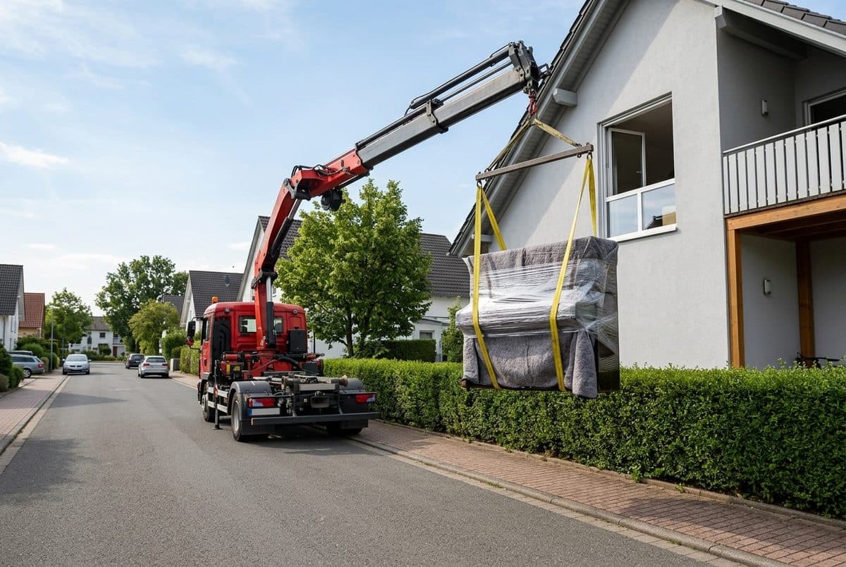 LKW-Ladekran hebt ein in Folie und Decken verpacktes Klavier an gelben Hebegurten und einer Traverse zum offenen Fenster im Obergeschoss eines Einfamilienhauses, ruhige Wohnstraße