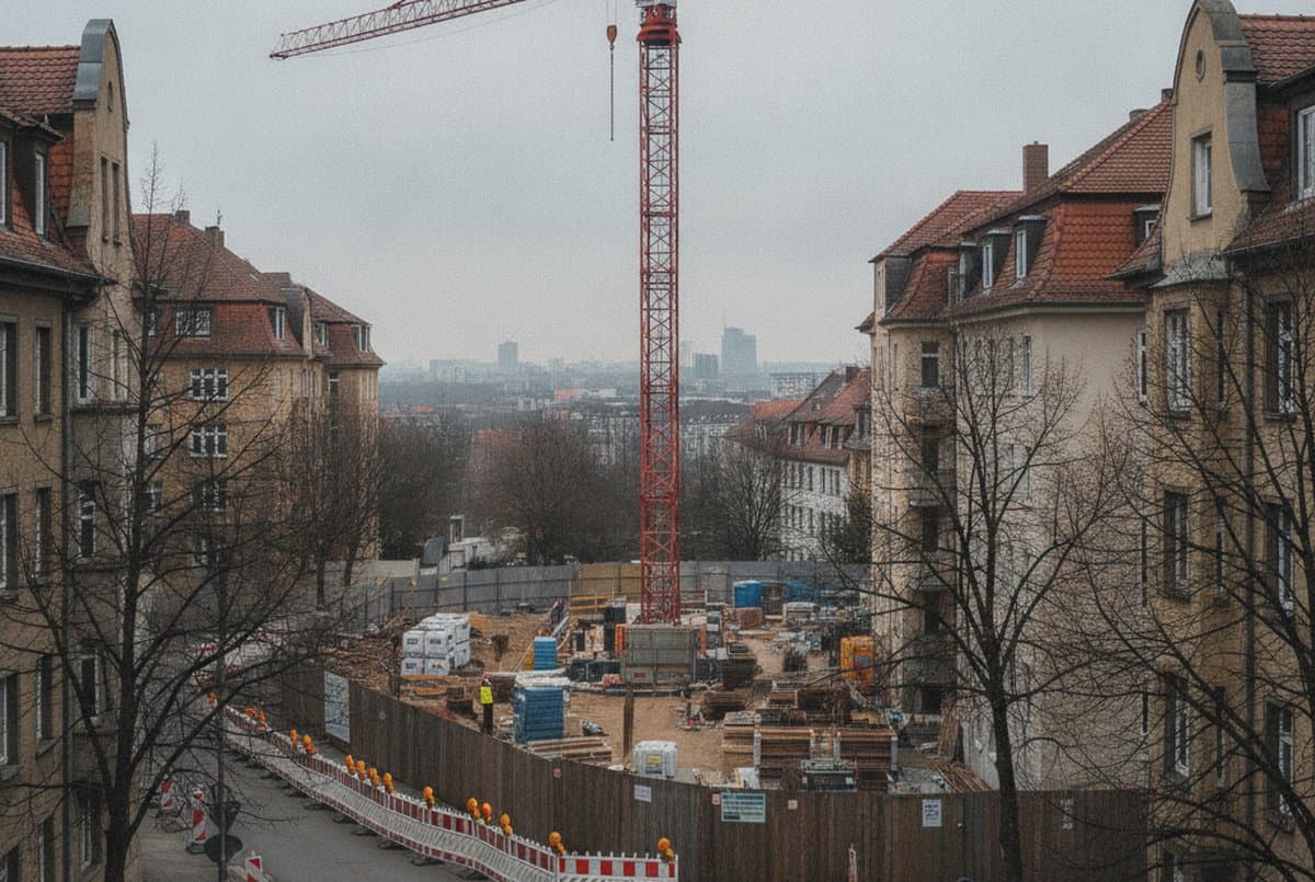 Baukran mit Gittermast auf einer eingezäunten Baustelle zwischen Wohnhäusern, davor rot-weiße Absperrschranken mit Warnleuchten auf der halbseitig gesperrten Straße