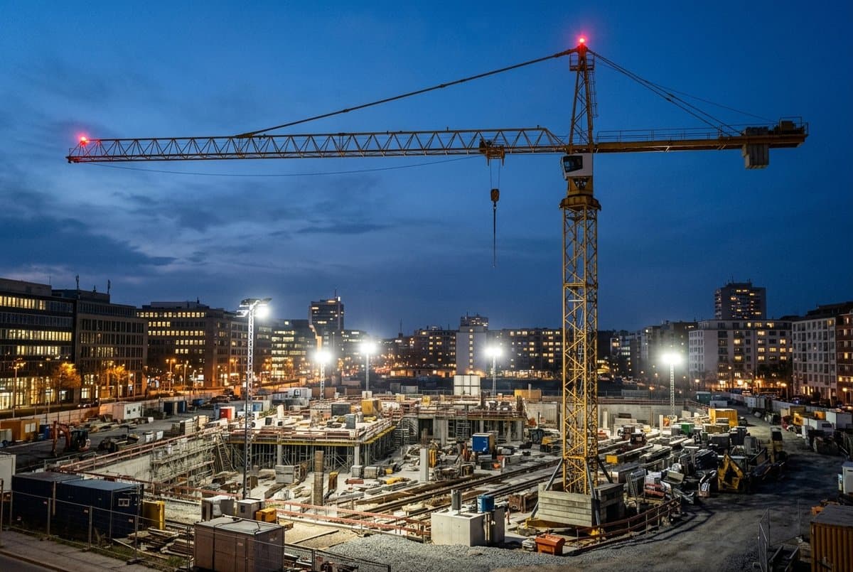Turmdrehkran in der Abenddämmerung mit roten Hindernisfeuern an Turmspitze und Auslegerende über einer flutlichtbeleuchteten Baustelle