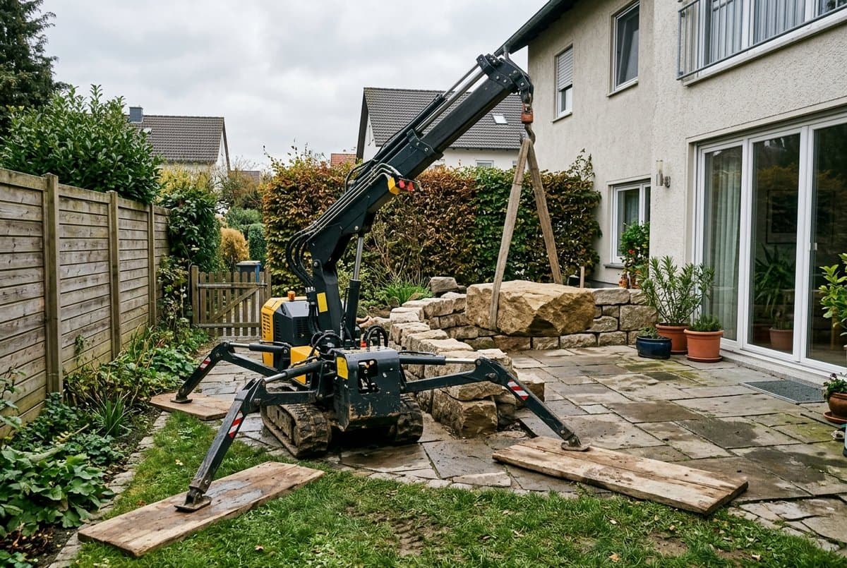 Raupen-Minikran im Garten eines Einfamilienhauses hebt einen Natursteinblock, abgestützt auf Unterlegplatten