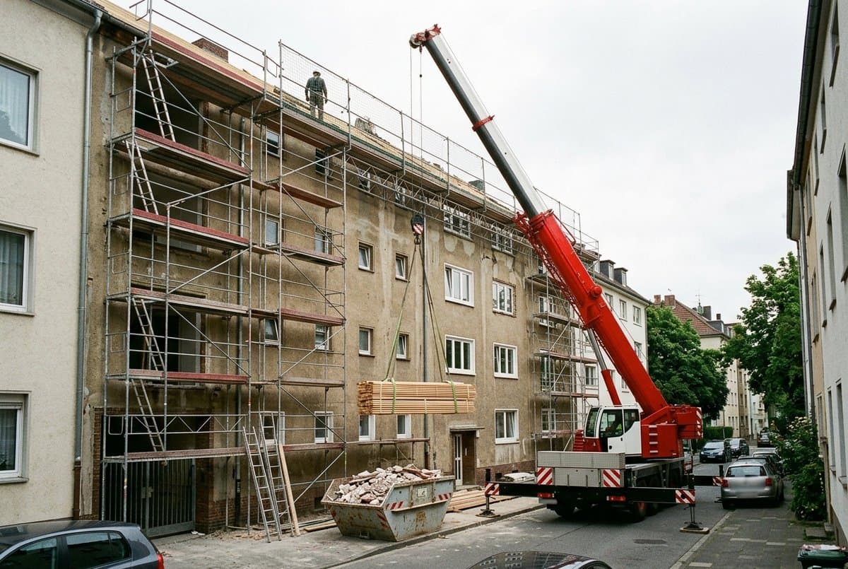 Mobilkran hebt ein Bündel Dachlatten über ein eingerüstetes Mehrfamilienhaus im Bestand