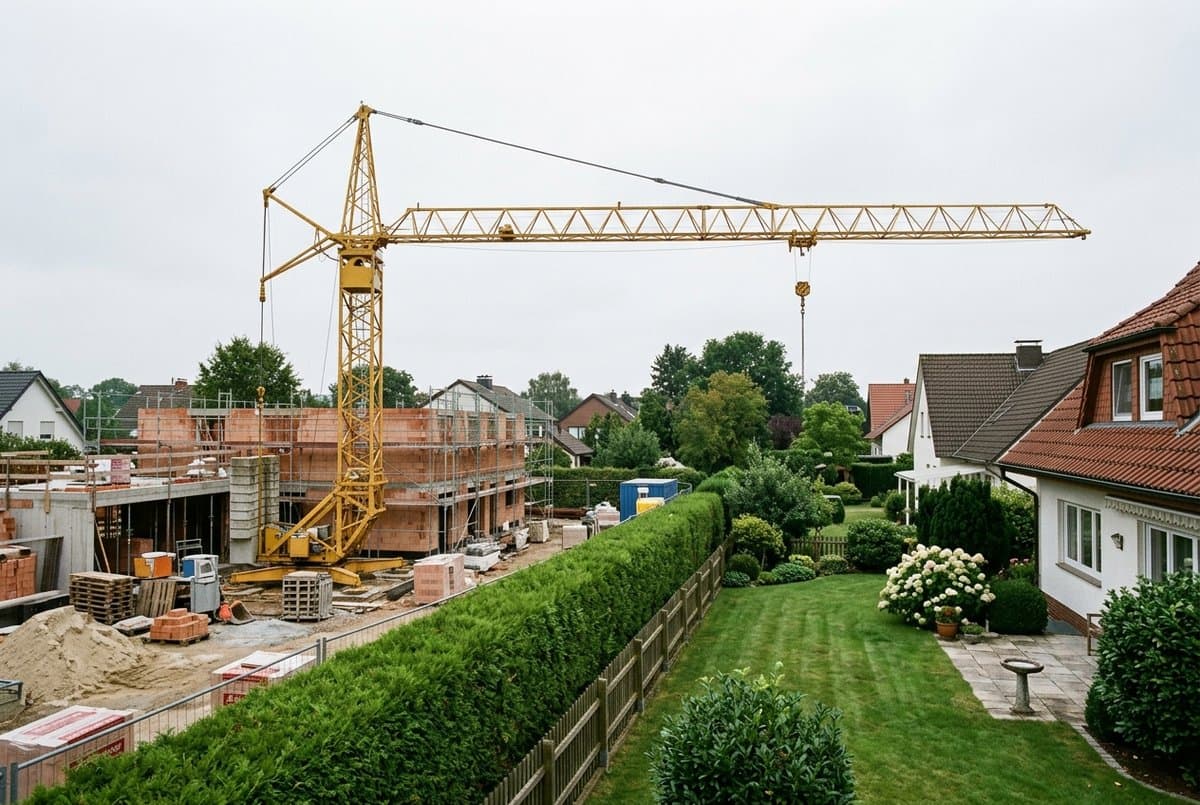 Turmdrehkran an der Grundstücksgrenze, der leere Ausleger reicht über die Hecke in den Garten des Nachbarhauses