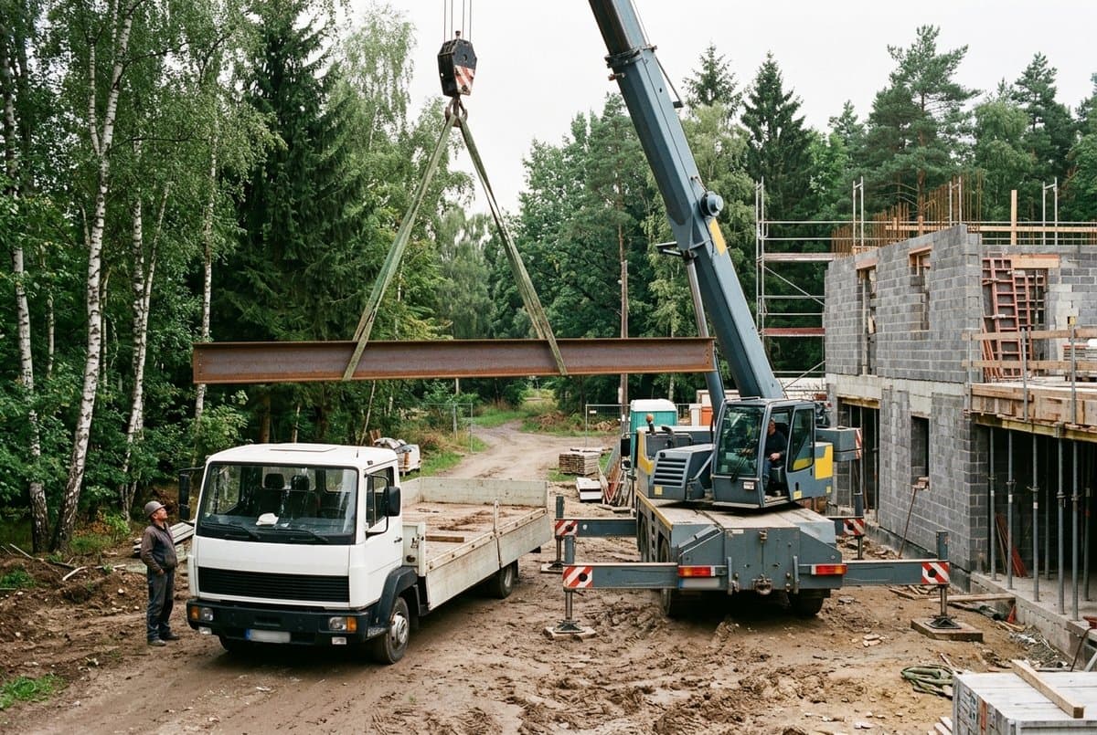 Mobilkran hebt einen einzelnen Stahlträger von einem sonst leeren Pritschen-LKW auf eine Baustelle