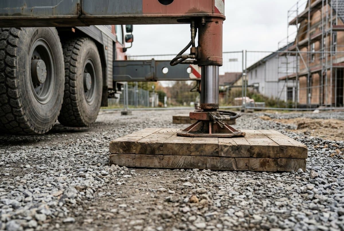 Hydraulikstütze eines abgestützten Autokrans steht auf einer Unterlegplatte aus Hartholzbohlen auf verdichtetem Schotter