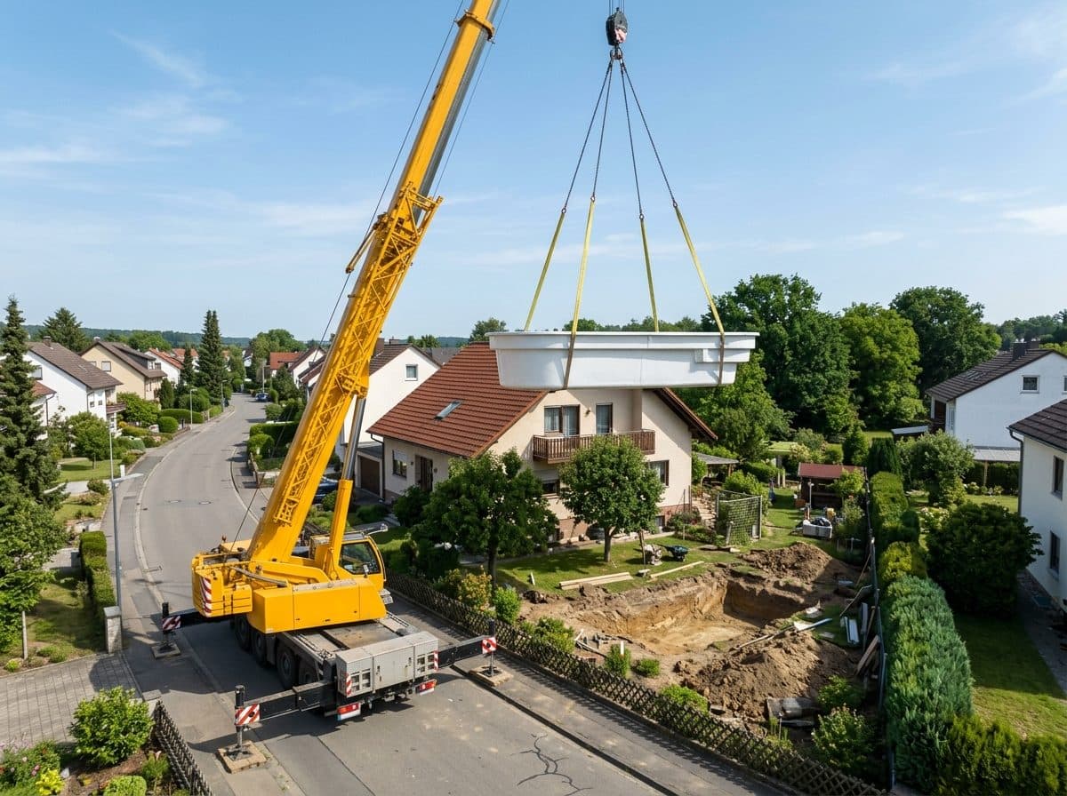 Mobilkran hebt ein weißes GFK-Poolbecken an Hebegurten über ein Einfamilienhaus in den Garten