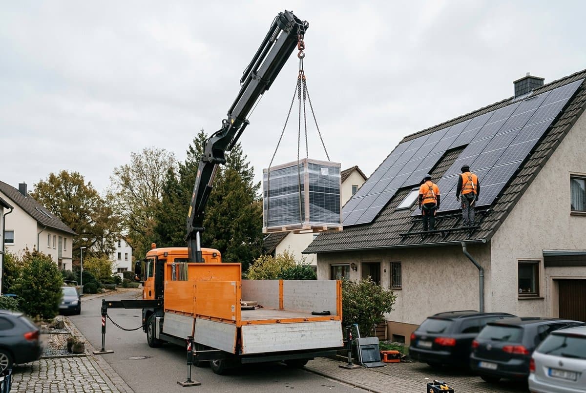 LKW-Ladekran hebt eine Palette Photovoltaik-Module auf das Satteldach eines Einfamilienhauses zu zwei Monteuren