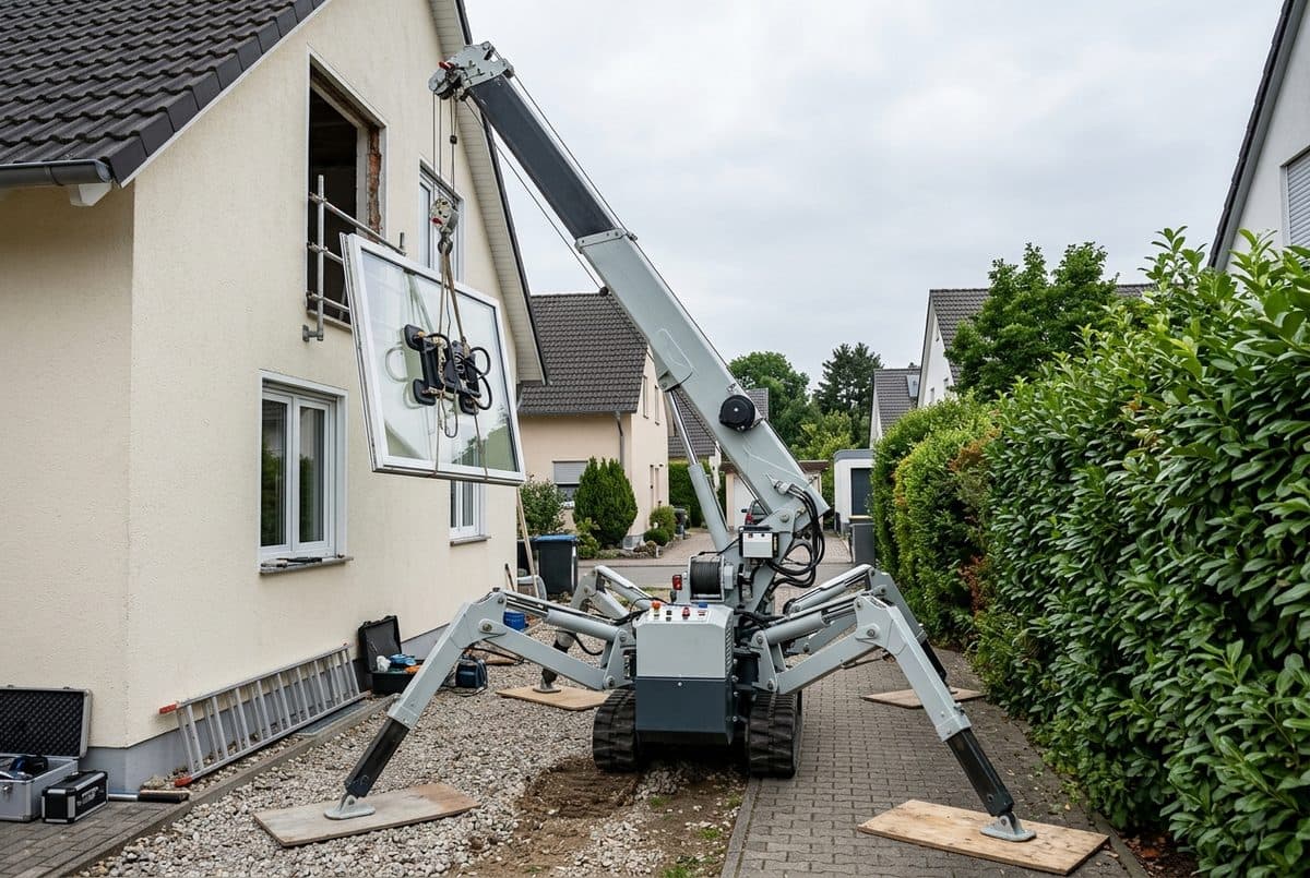 Spinnenkran auf Raupenfahrwerk mit ausgeklappten Stützbeinen hebt eine Fensterscheibe mit Vakuumsauger in eine Fensteröffnung, enge Zufahrt zwischen Einfamilienhaus und Hecke