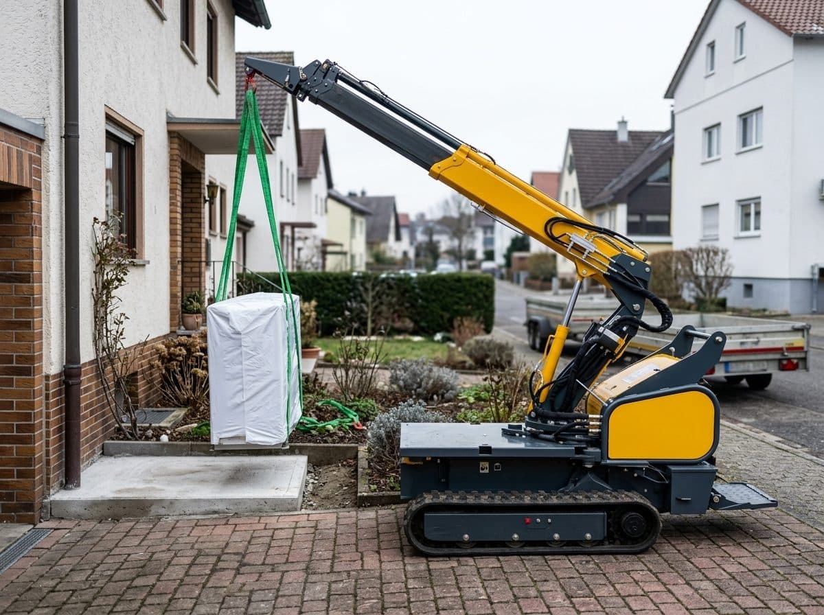 Raupen-Minikran hebt eine in Folie verpackte Wärmepumpen-Außeneinheit an grünen Hebegurten auf ein Betonfundament neben der Hauswand, enge gepflasterte Zufahrt eines Einfamilienhauses