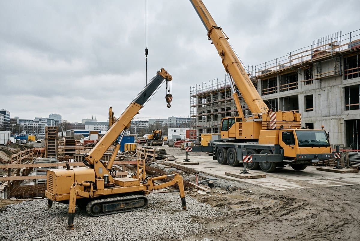 Kompakter Raupen-Minikran im Vordergrund, großer Mobilkran im Hintergrund auf derselben Baustelle