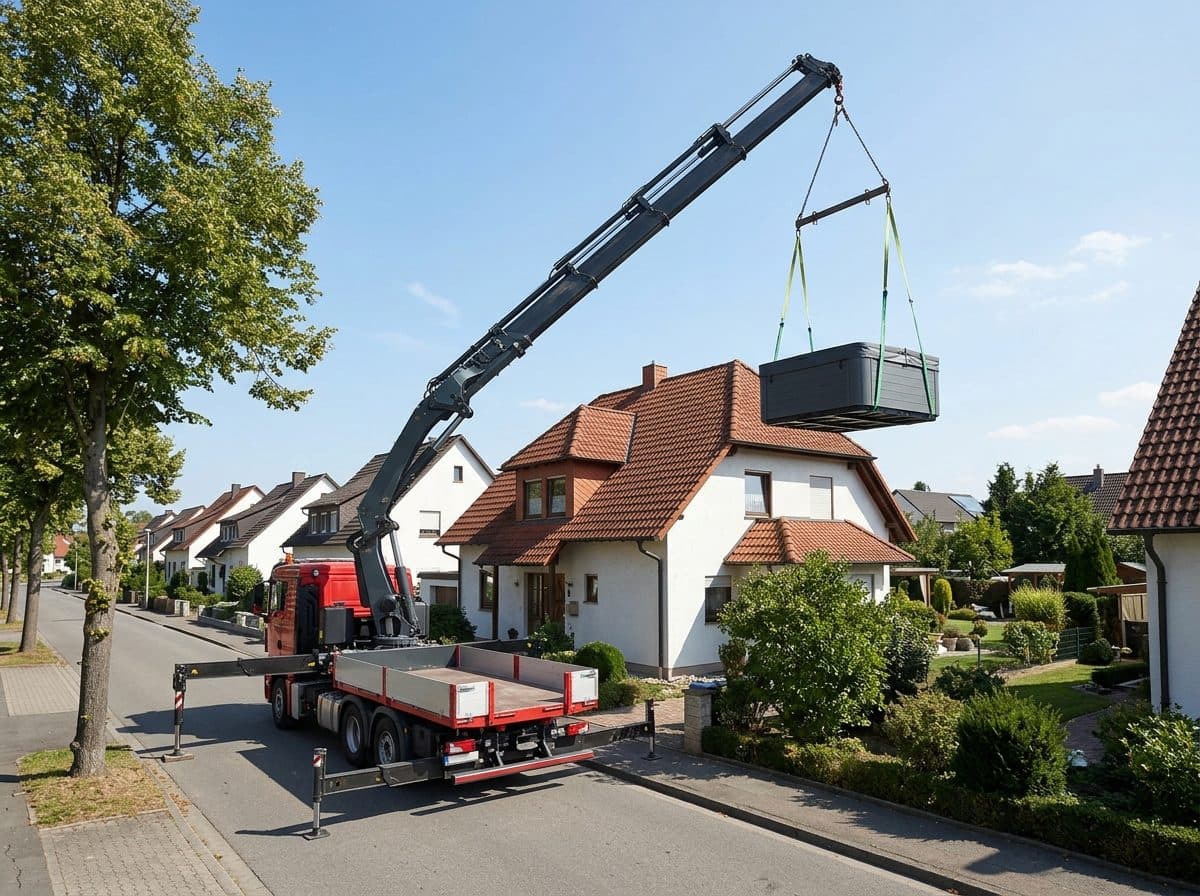Ladekran mit Knickarm hebt einen dunkelgrauen Whirlpool über das Dach eines Einfamilienhauses in den Garten